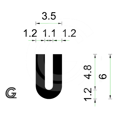 Rubber U Profiel | binnenmaat 1,1 mm | hoogte 6 mm | dikte 1,2 mm | Per Meter